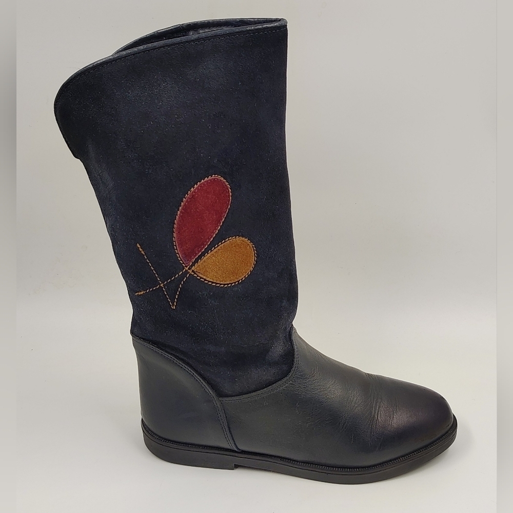 Navy Black Leather Suede Winter Women's Boots Sz 36 w/ Appique - Picture 3 of 15